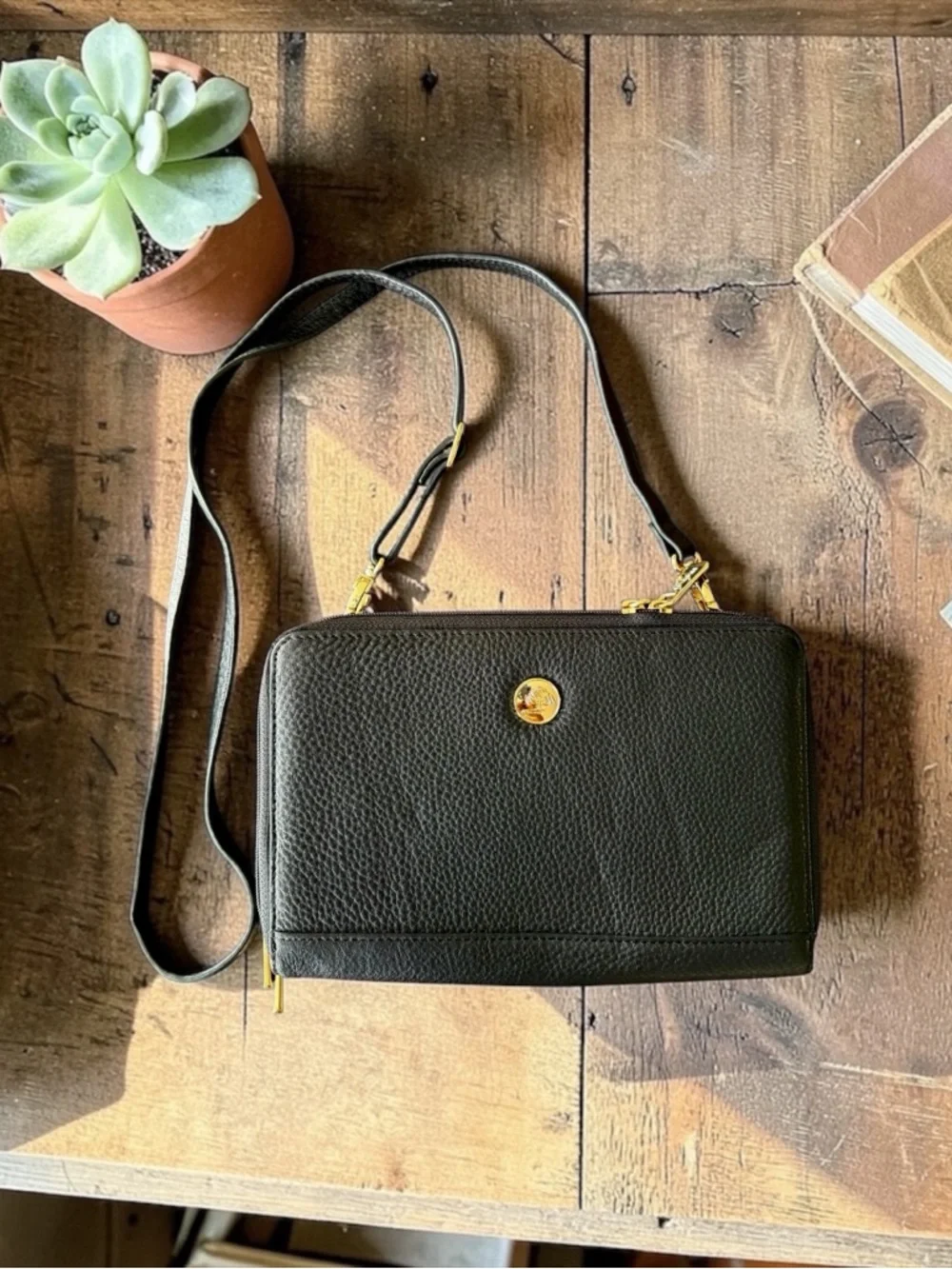 Levenger Black Pebbled Leather Crossbody with Gold Hardware